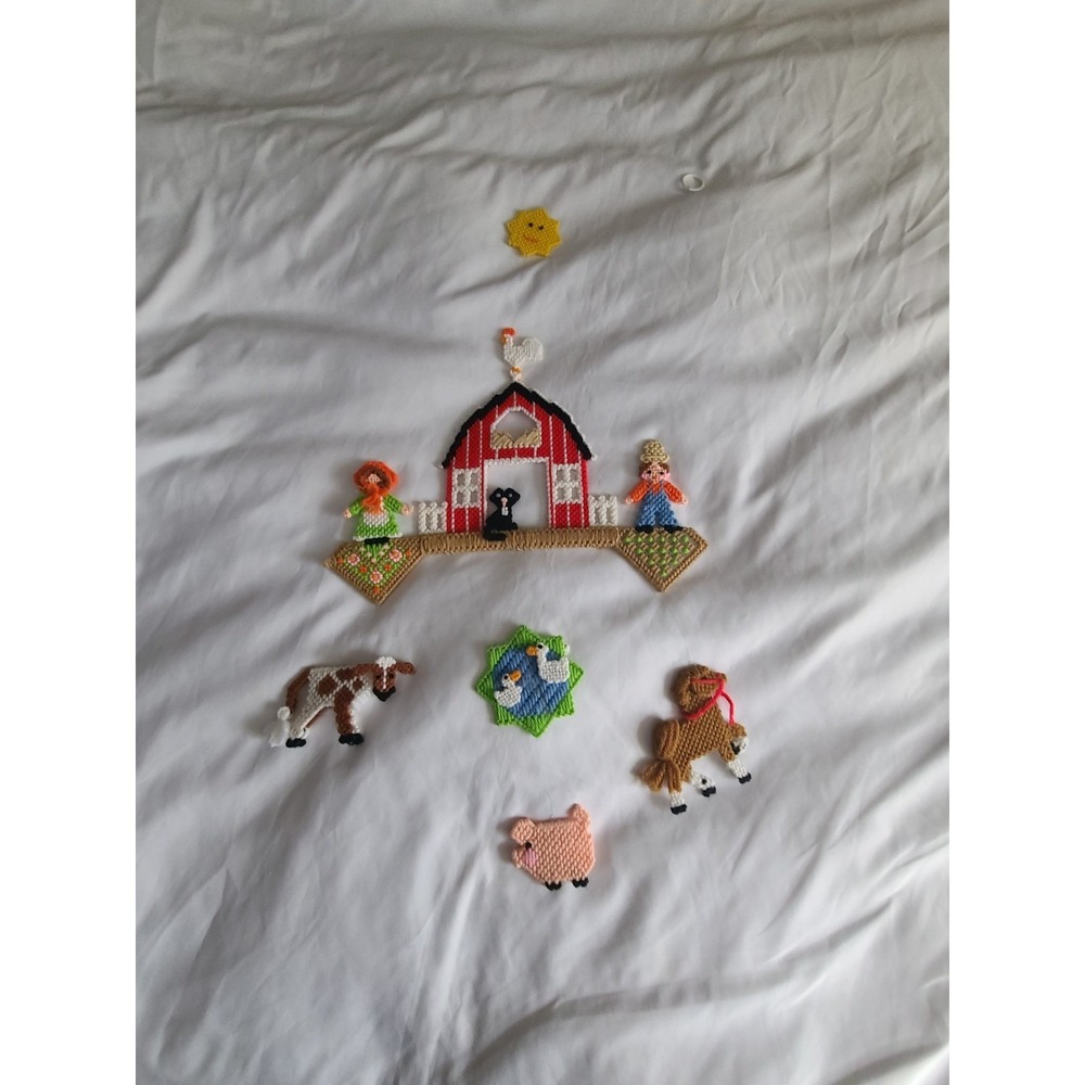 Vintage Handmade Plastic Canvas Farm Mobile Barn Animals Cow Pig Horse Nursery